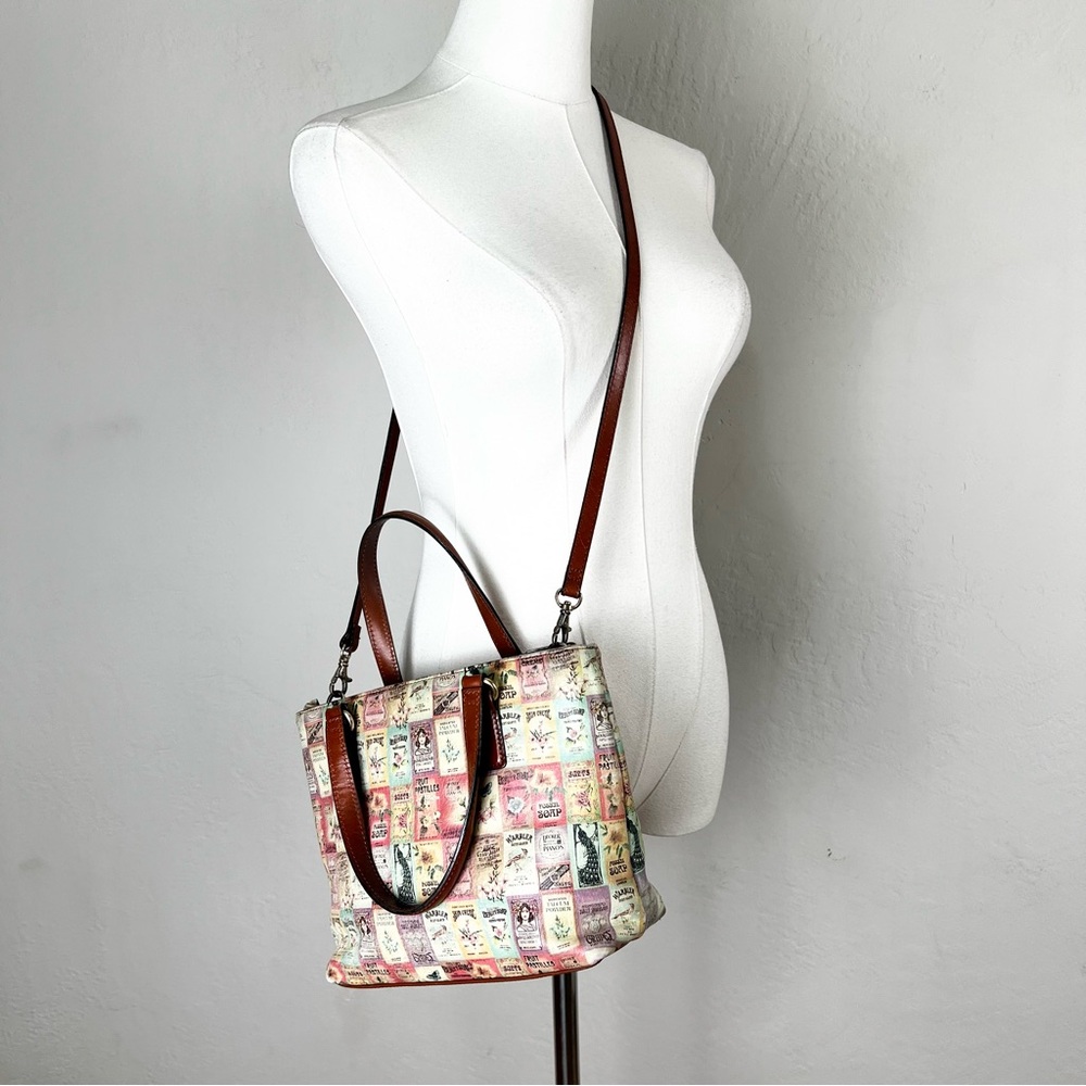 Fossil Vintage Soap Print Leather Handbag Crossbody‎ Zip Pocket Satchel Tote